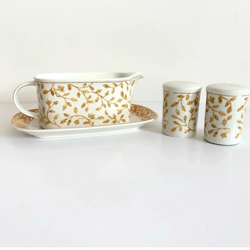 Vintage Mikasa Intaglio Gravy Boat with Salt and Pepper Shakers Ardsley Yellow